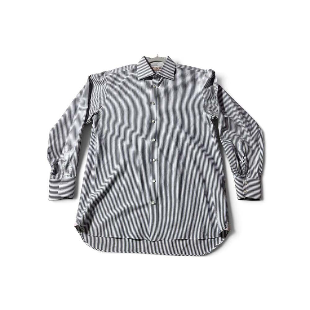 Thomas Pink Mens Blue and White Striped Long Sleeve Dress Shirt
